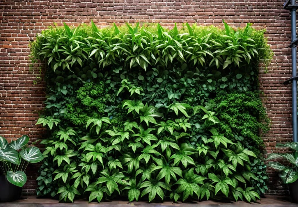 A lush vertical garden with climbing vines and trailing plants adorns afeat