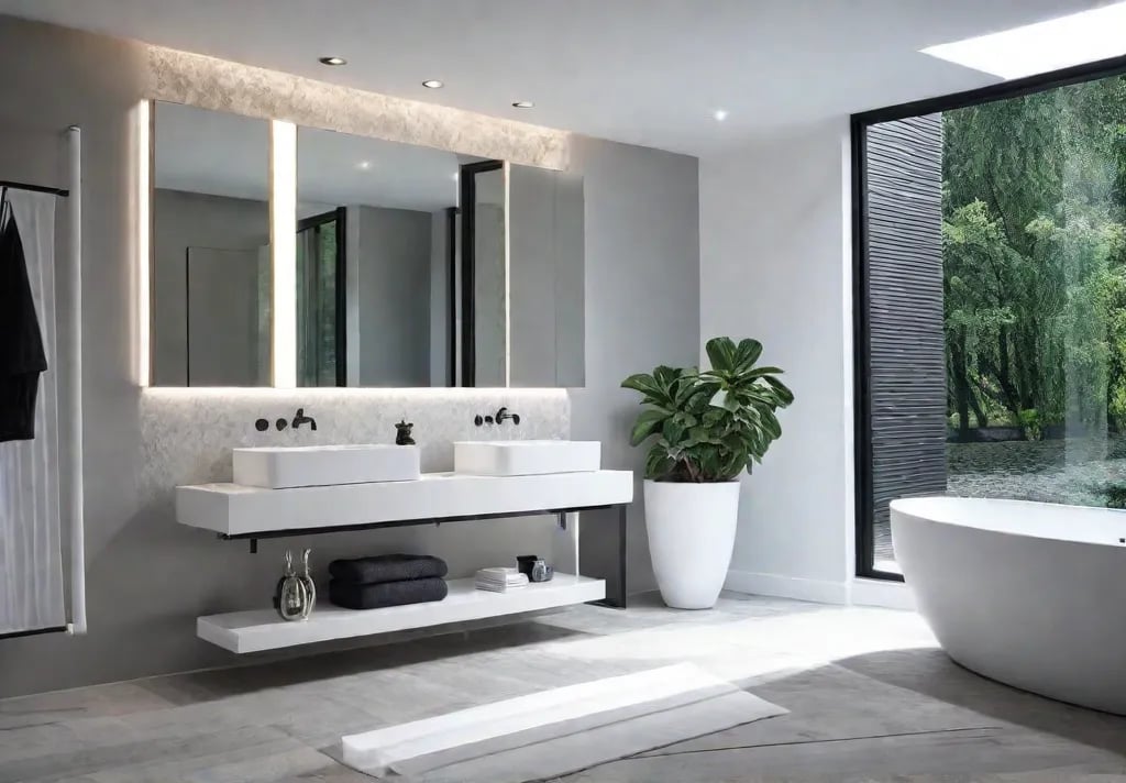 A modern bathroom with a minimalist design featuring sleek lines and neutralfeat