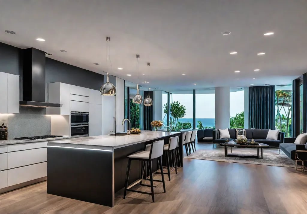 A modern kitchen bathed in warm inviting light from a combination offeat