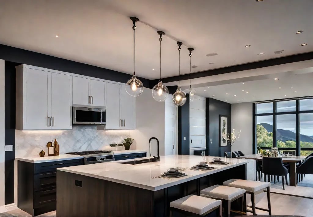 A modern kitchen bathed in warm layered lighting Recessed lights provide ambientfeat