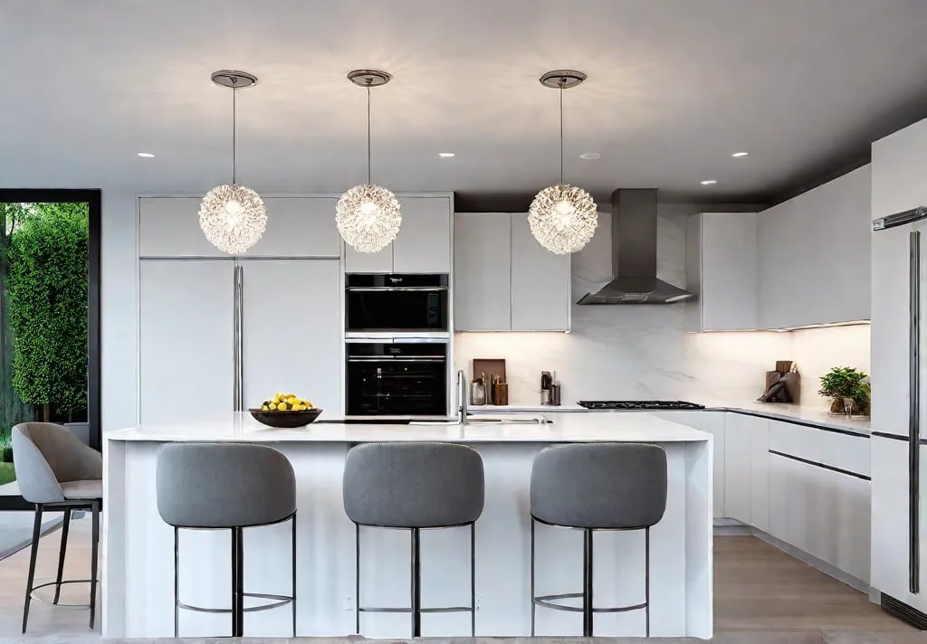 A modern kitchen with a sleek white island featuring a waterfall countertopfeat