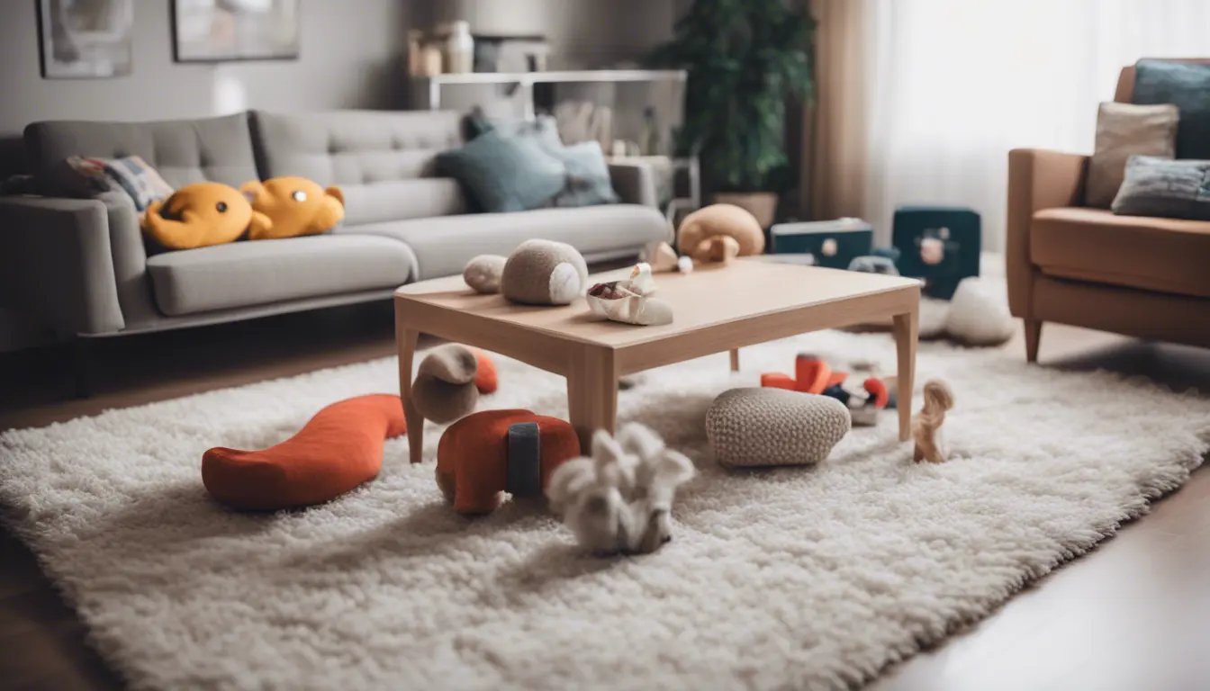 A modern living room with distinct zones for both play and relaxation. A play area