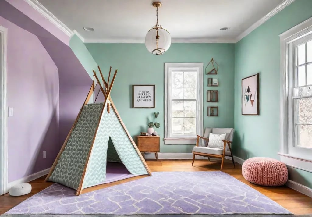 A modern playroom bathed in soft natural light Pastel mint green wallsfeat