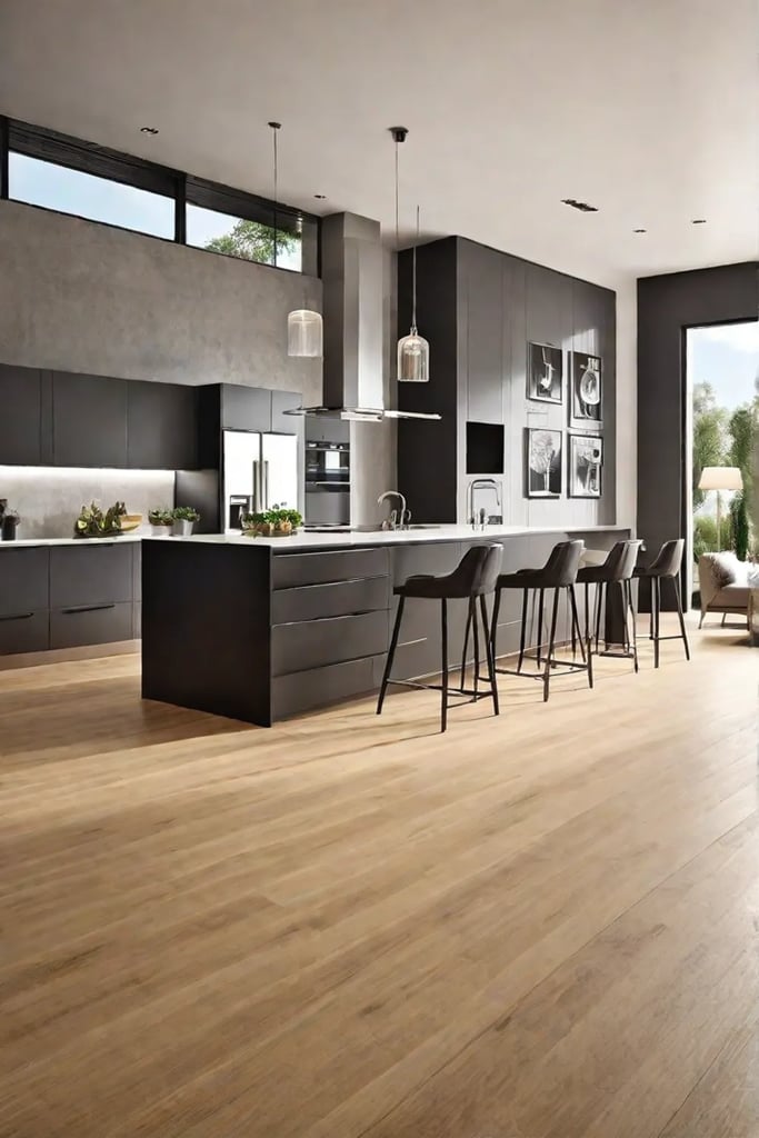 A modern sustainable kitchen with a beautiful bamboo floor that highlights the