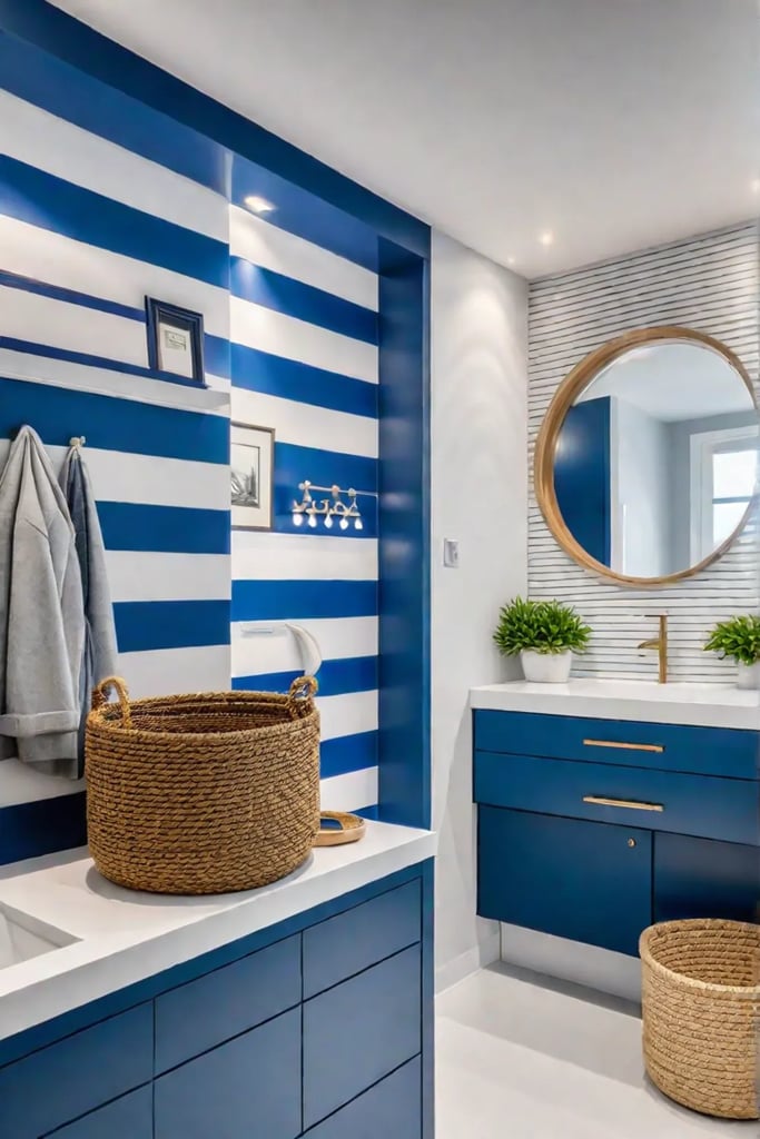 A nauticalthemed bathroom with striped wallpaper a porthole mirror a white vanity