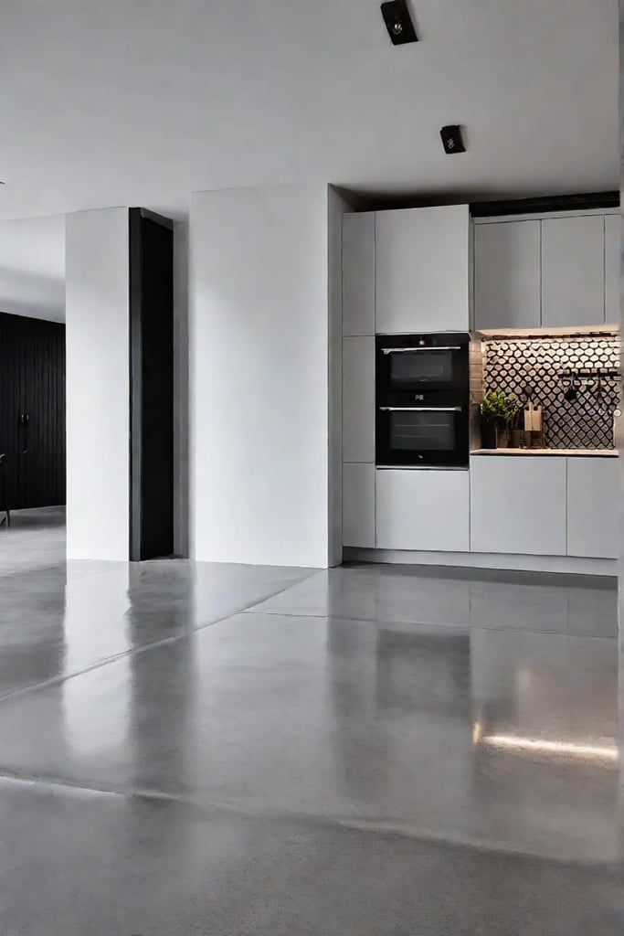 A pareddown modern kitchen with a smooth grey concrete floor that adds