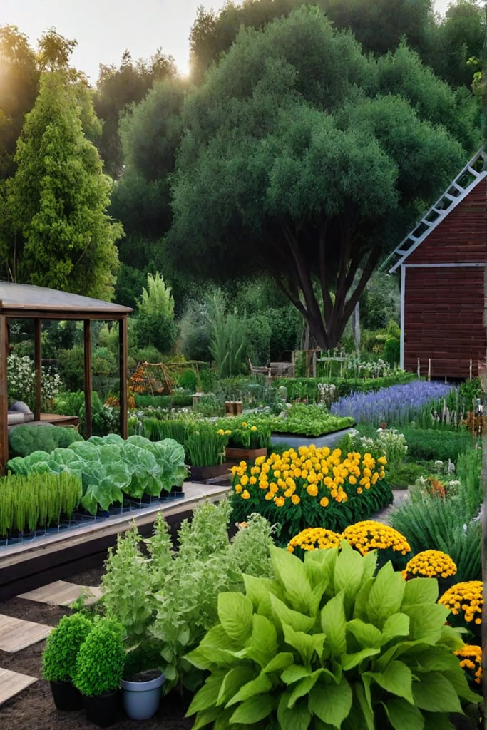 A permacultureinspired garden showcasing a harmonious and productive layout with a variety