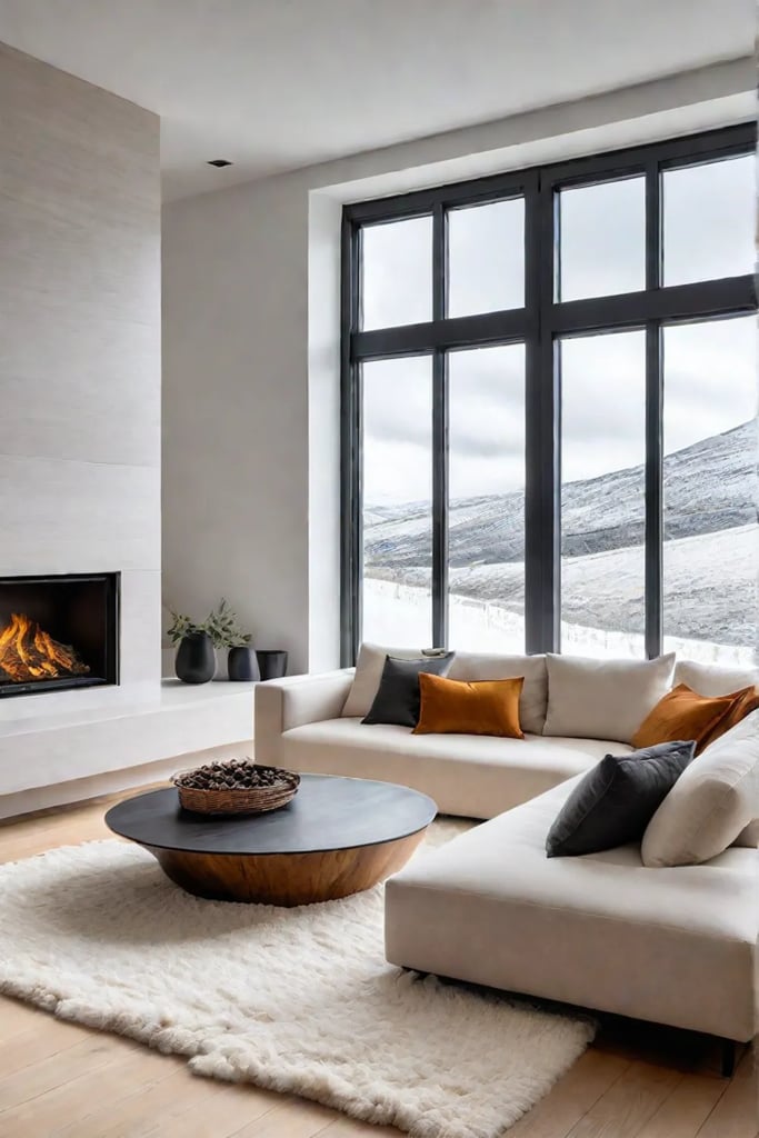 A serene Scandinavian living room with natural light and minimalist decor