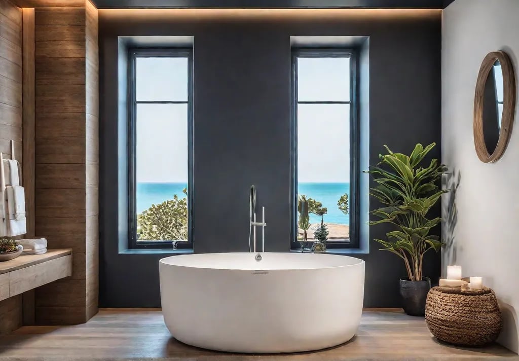 A serene bathroom with a large ceramic sculpture of a seashell mountedfeat