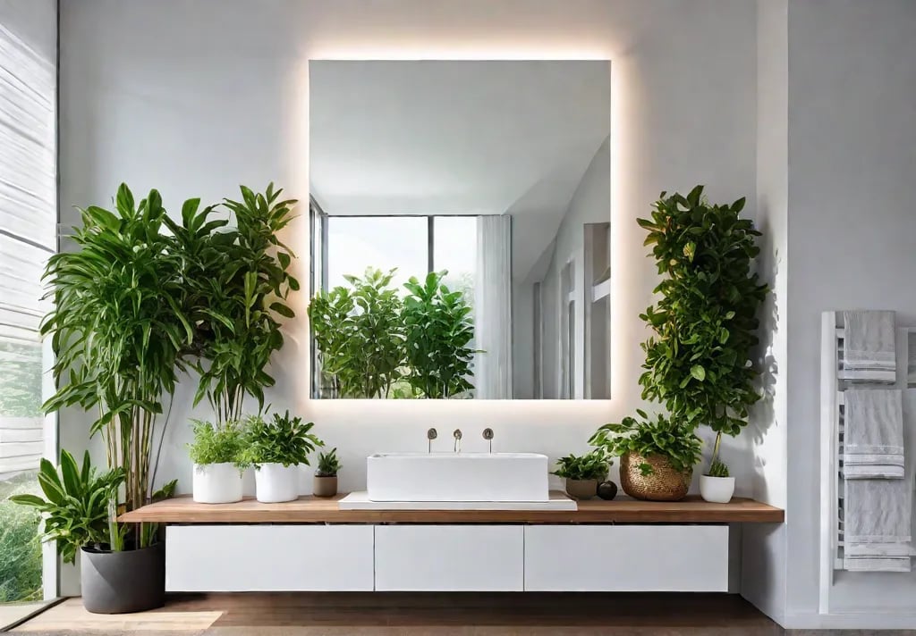 A serene bathroom with a large frameless mirror above a white porcelainfeat