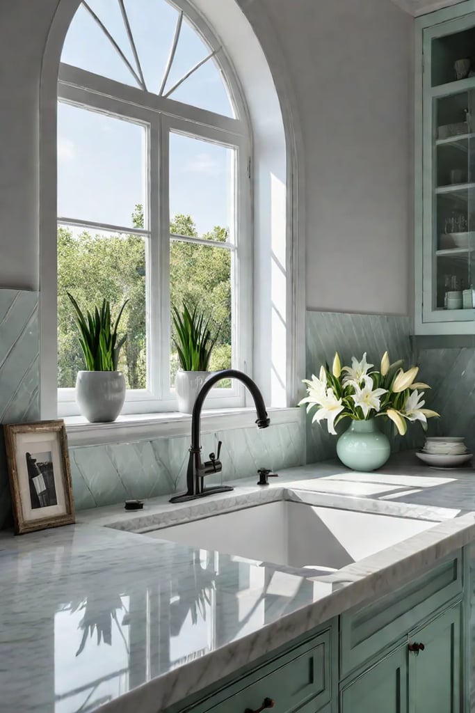 A serene kitchen with seafoam green cabinets and a white marble countertop