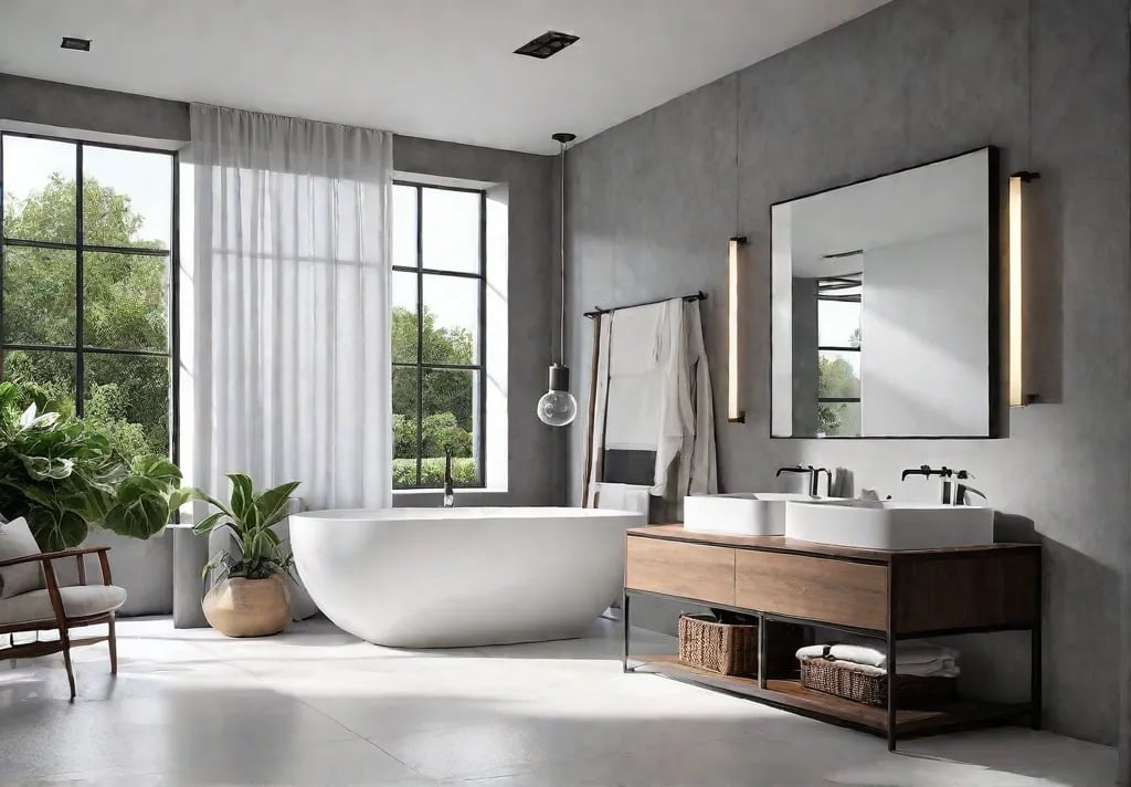 A serene minimalist bathroom with sleek fixtures soft gray walls and afeat