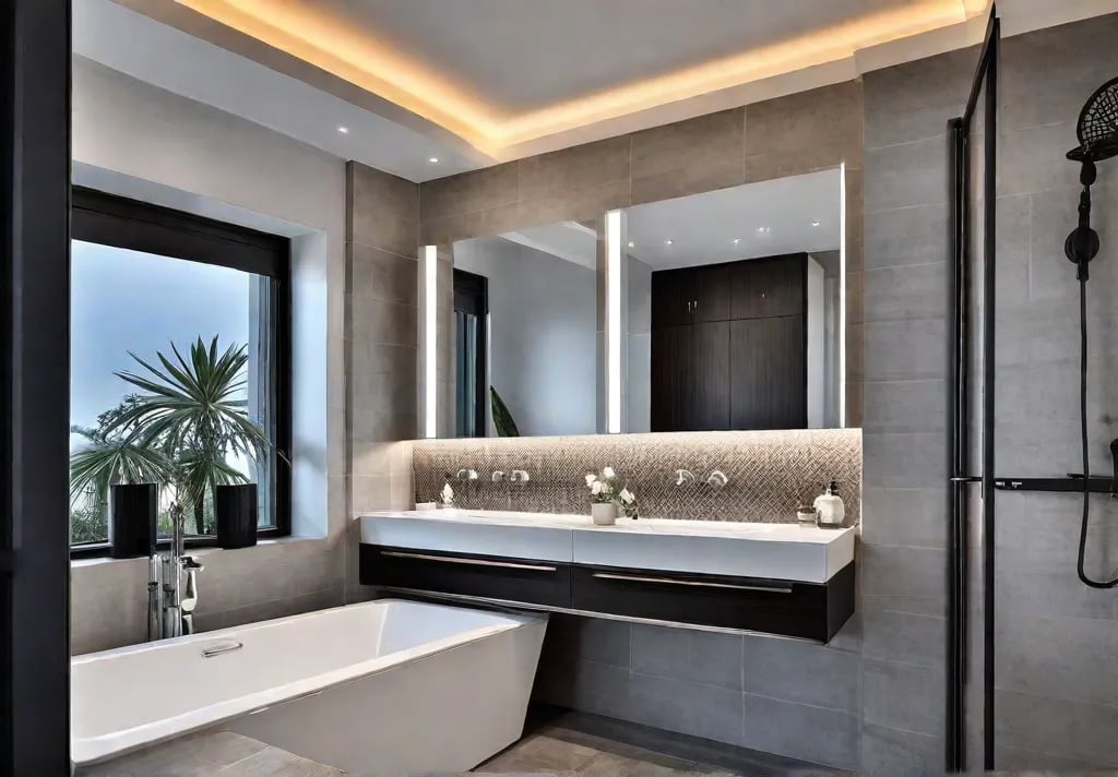 A small bathroom with wallmounted shelves and recessed medicine cabinets maximizing storagefeat