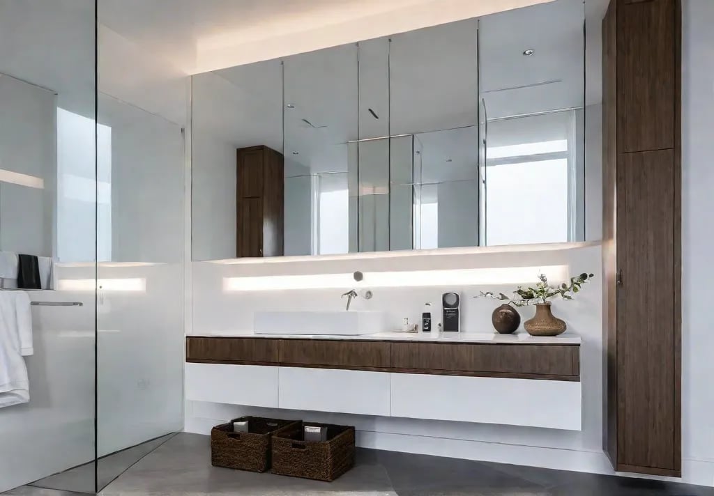 A small bathroom with white walls a large mirror and a floatingfeat