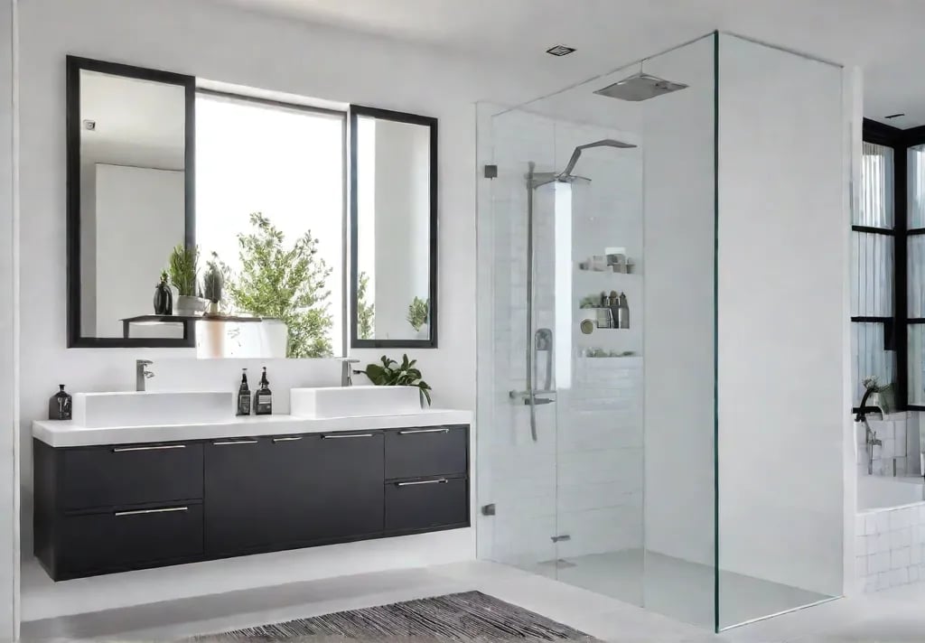 A small bathroom with white walls and a large rectangular frameless mirrorfeat