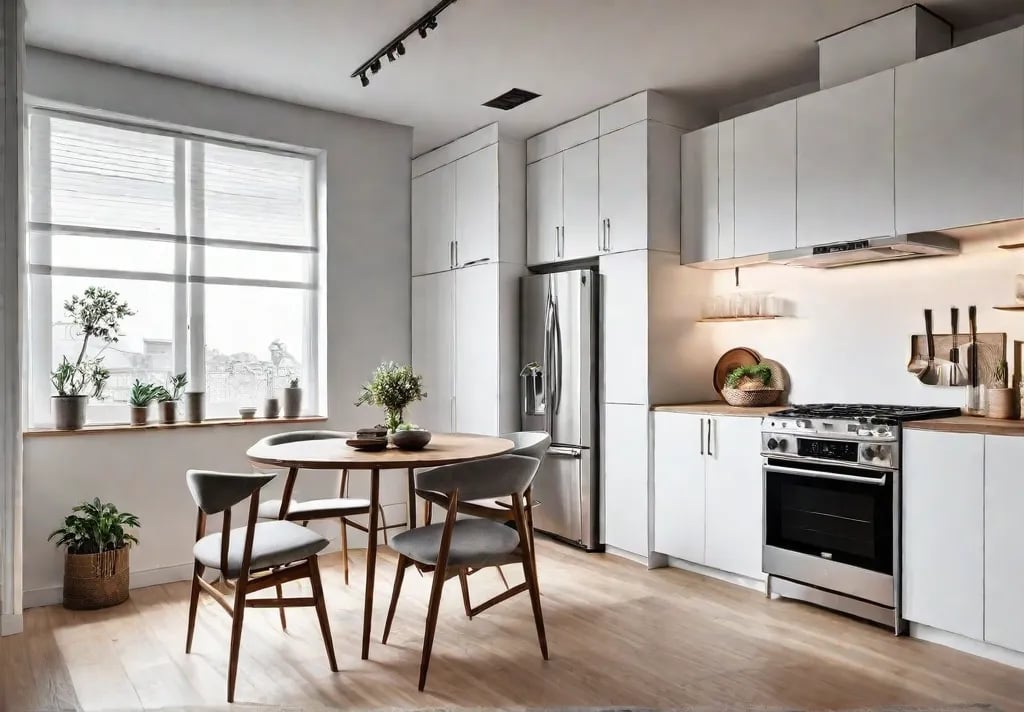 A small kitchen with white walls and light wood floors Tall whitefeat