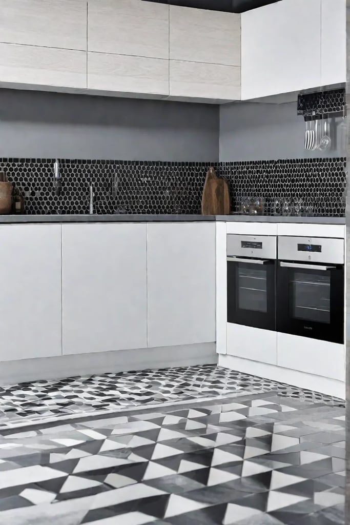 A sophisticated kitchen with a stunning mosaic tile floor that features intricate