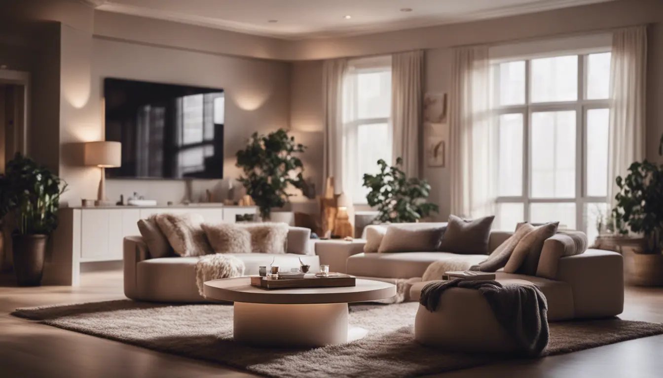 A spacious living room with a circular furniture arrangement centered around a coffee table