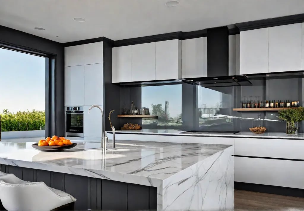 A sunlit modern kitchen with sleek white cabinetry stainless steel appliances andfeat