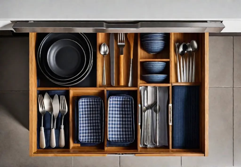 A topdown view of a kitchen drawer with bamboo dividers separating variousfeat