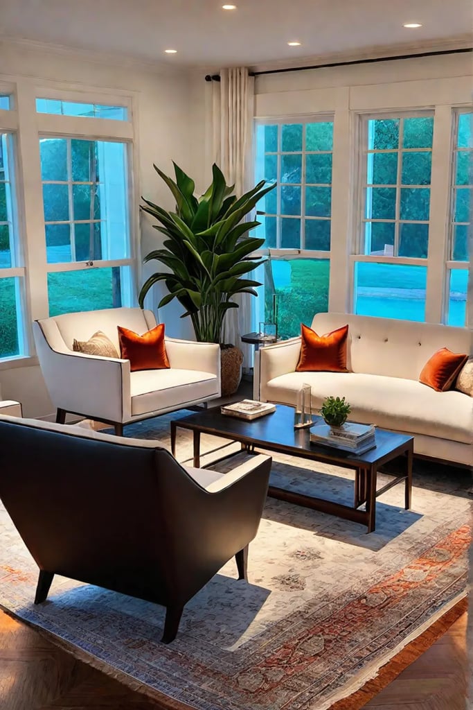 A vintage Persian rug anchors an eclectic living room with midcentury modern