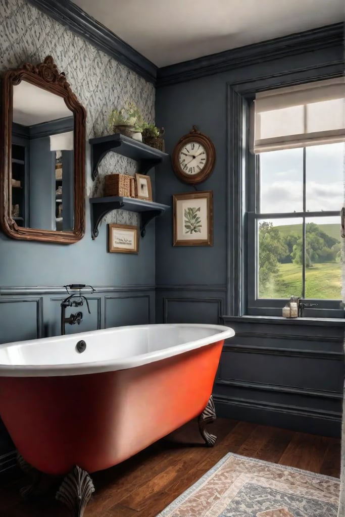 A vintagestyle bathroom with patterned wallpaper featuring a distressed wood vanity a