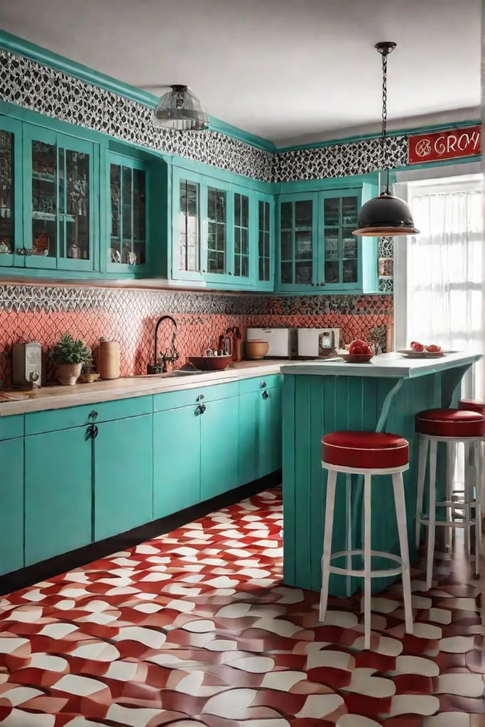 A vintagestyle kitchen with a linoleum floor in a bold retroinspired pattern