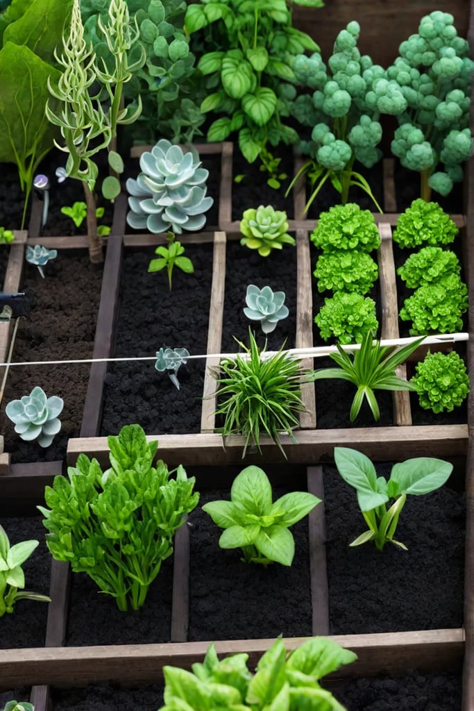 A wellorganized square foot garden with distinct sections for various vegetables and