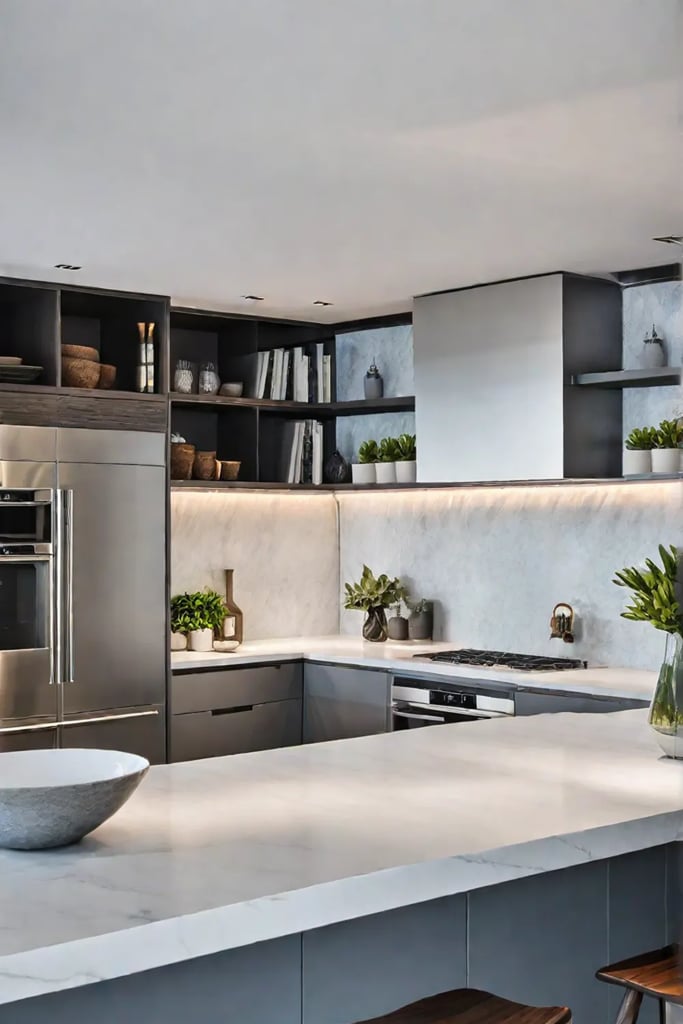 Accent lighting showcasing a textured backsplash and adding depth to the kitchen design