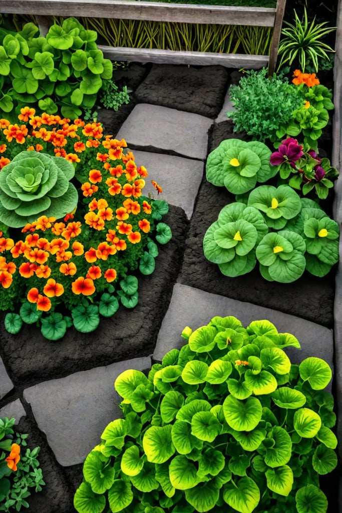 Aerial view of vegetable garden with companion plants for pest control