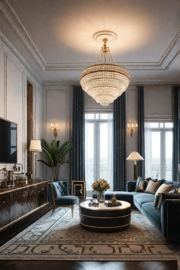 Art Deco living room with geometric patterns metallic accents and vintage and