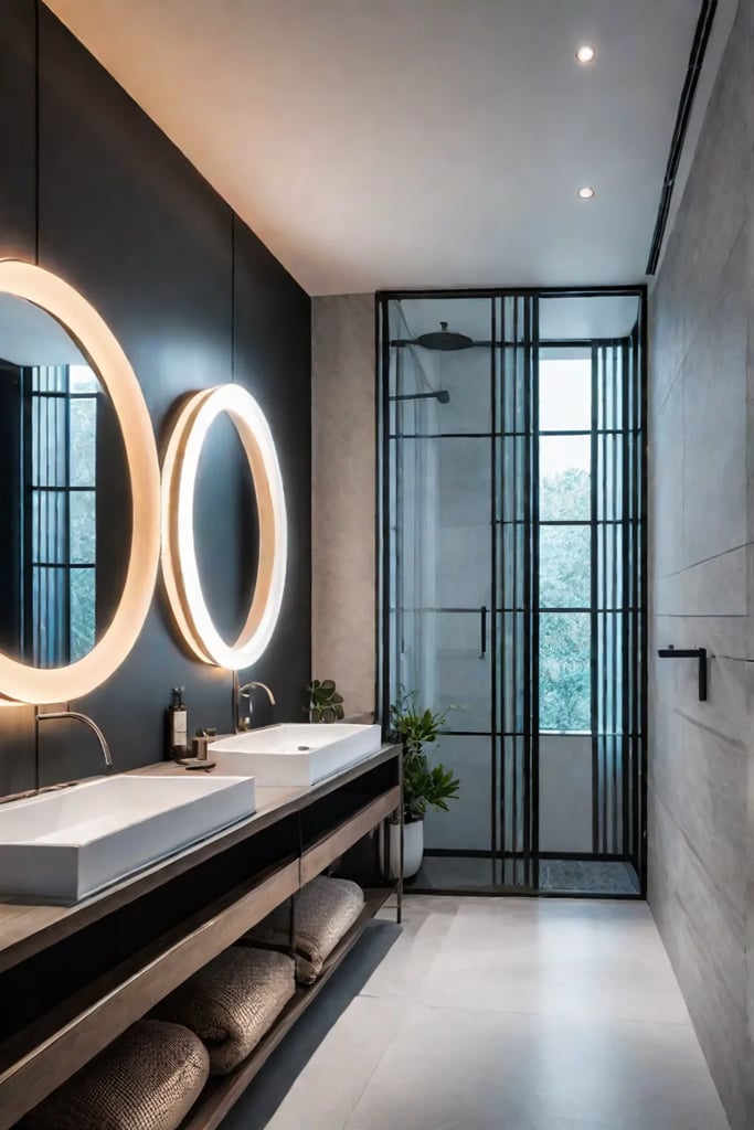 Asymmetrical arrangement of circular mirrors in a modern bathroom