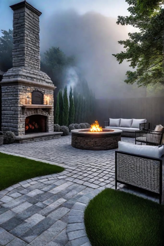 Backyard patio with brick and stone pavers and outdoor fireplace