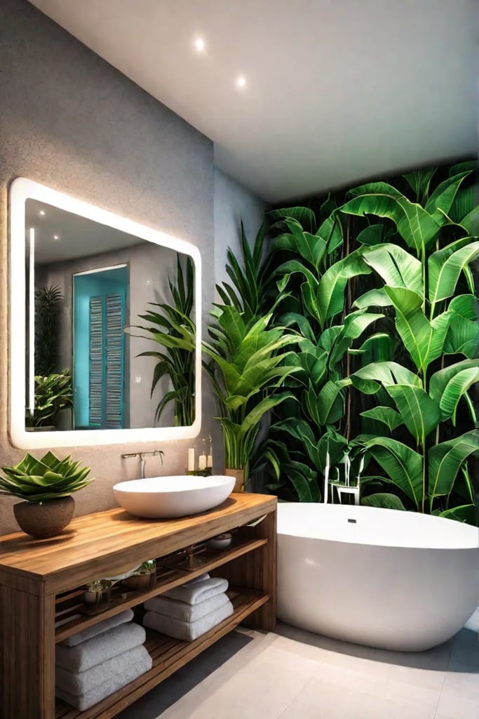 Bamboo and palm leaf wall art in a tropicalthemed bathroom