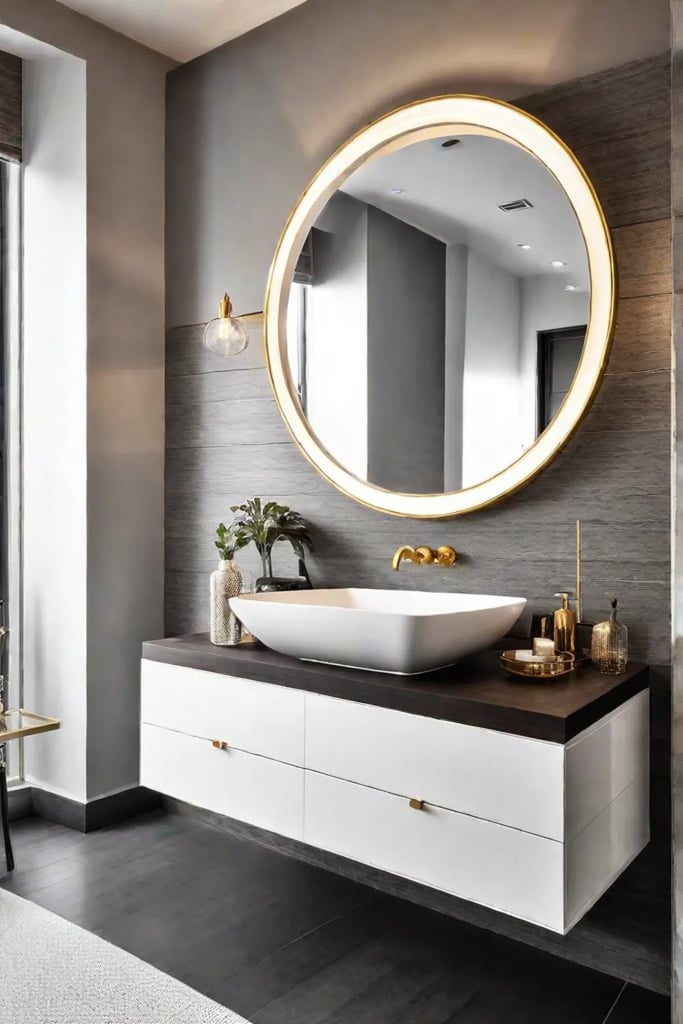 Bathroom vanity with vessel sink and brushed gold hardware