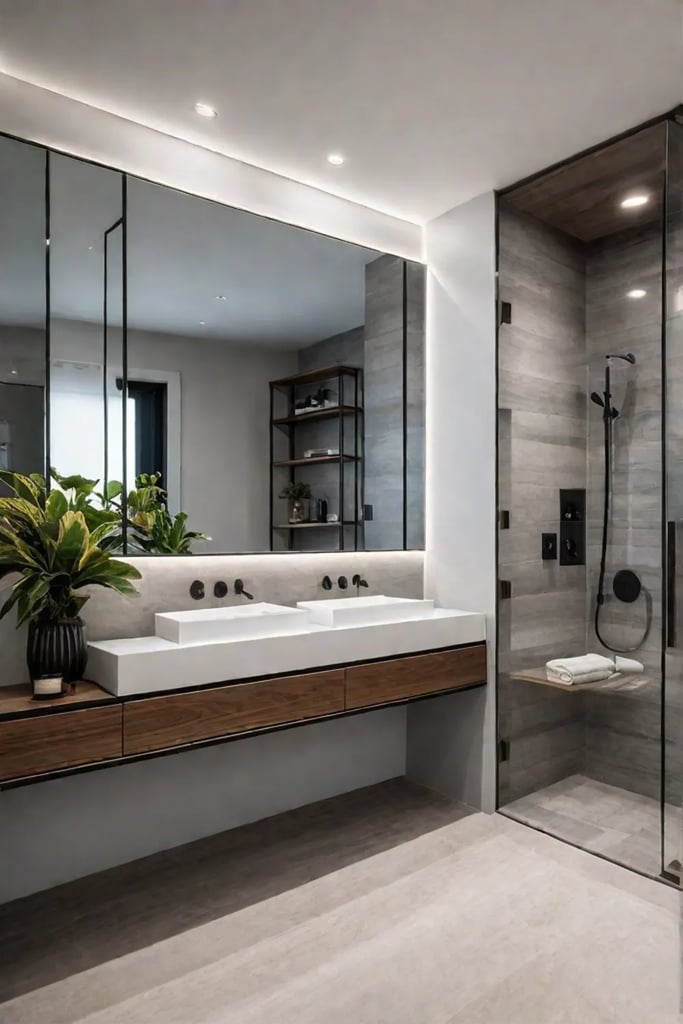 Bathroom with ambient lighting and natural stone tiles