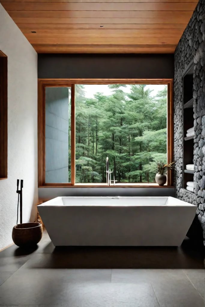 Bathroom with black and white geometric tiles a gold mirror and a