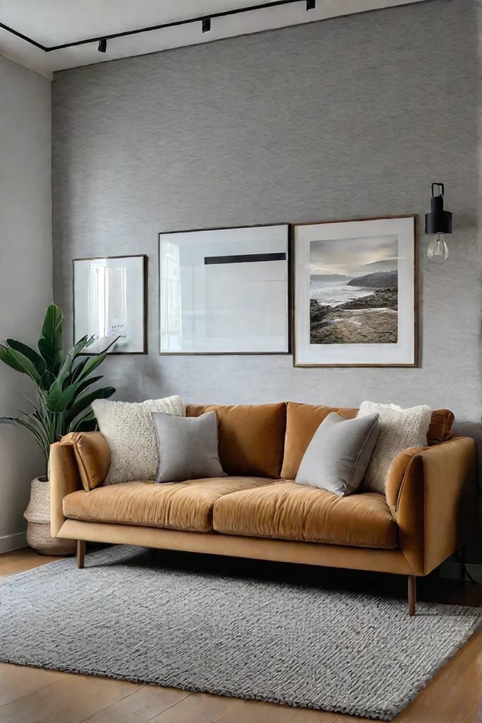 Beige corduroy sofa with sheepskin pillows and a chunky knit throw in