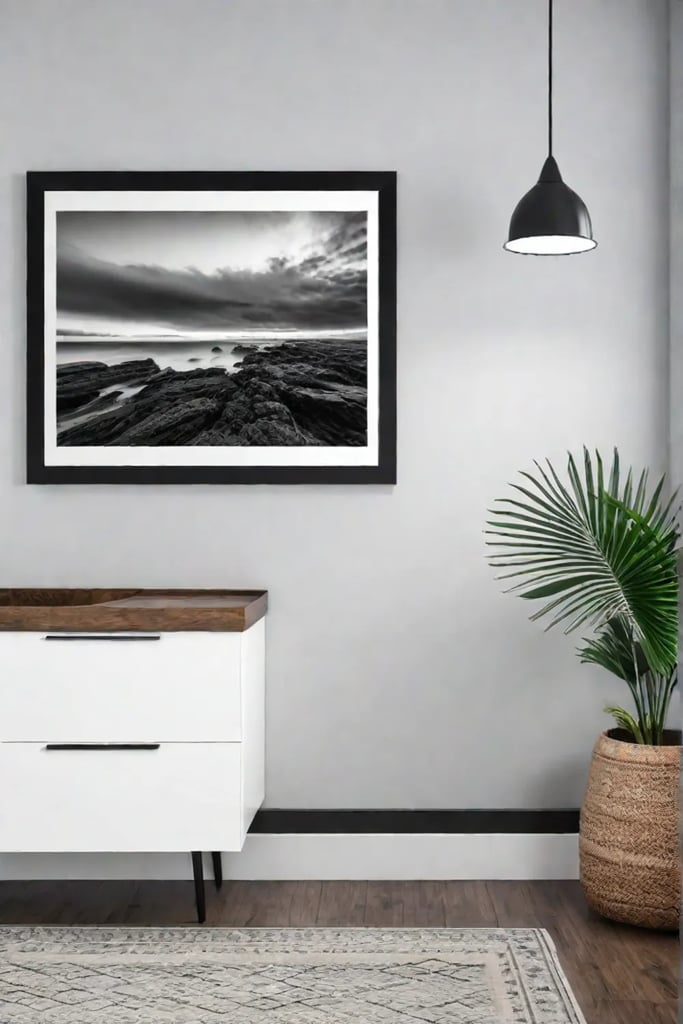 Black and white photo gallery wall in a modern bathroom