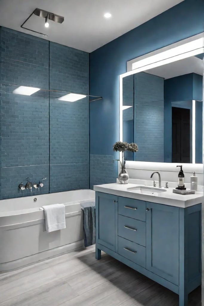 Blue bathroom vanity with neutral countertops and brushed nickel hardware