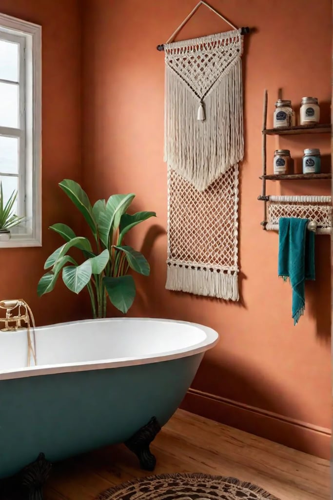 Bohemian bathroom with a macrame wall hanging and repurposed jars