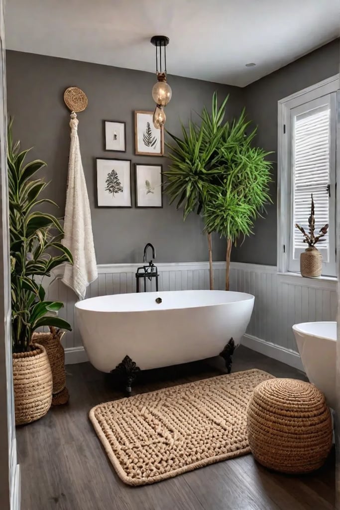 Bohemian bathroom with natural textures and eclectic decor