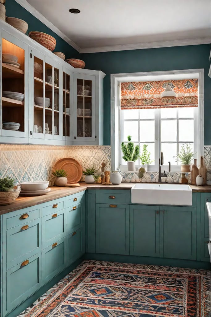 Bohemian kitchen corner cabinet with tiered pullout shelves for colorful dishware