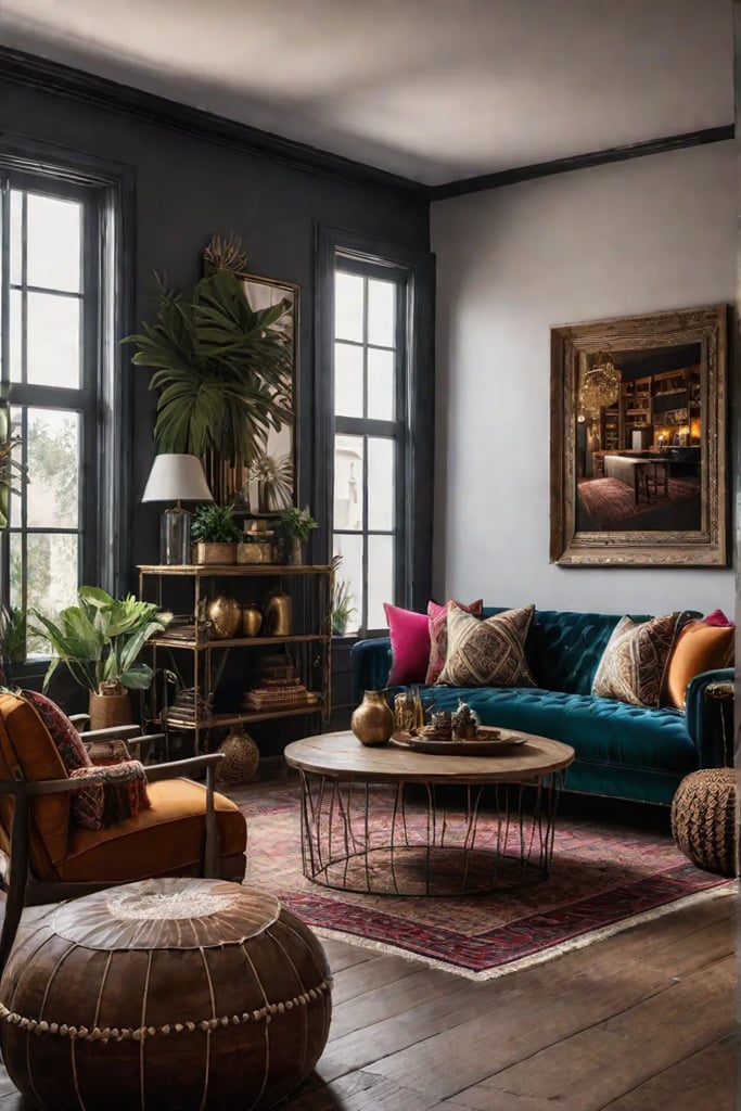 Bohemian living room with ethnic and eclectic elements