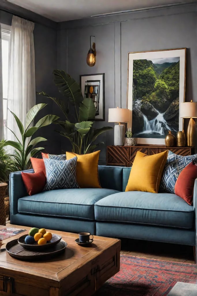 Bohemian living room with layered textiles