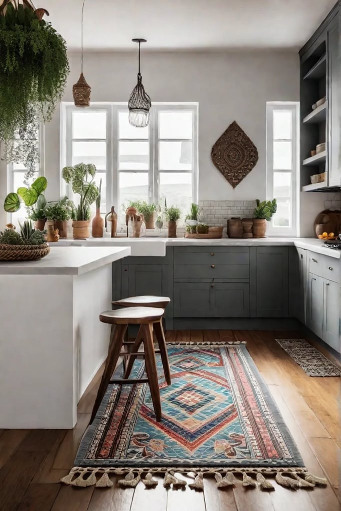 Bohemian luxury kitchen with colorful tiles and macrame plant hanger