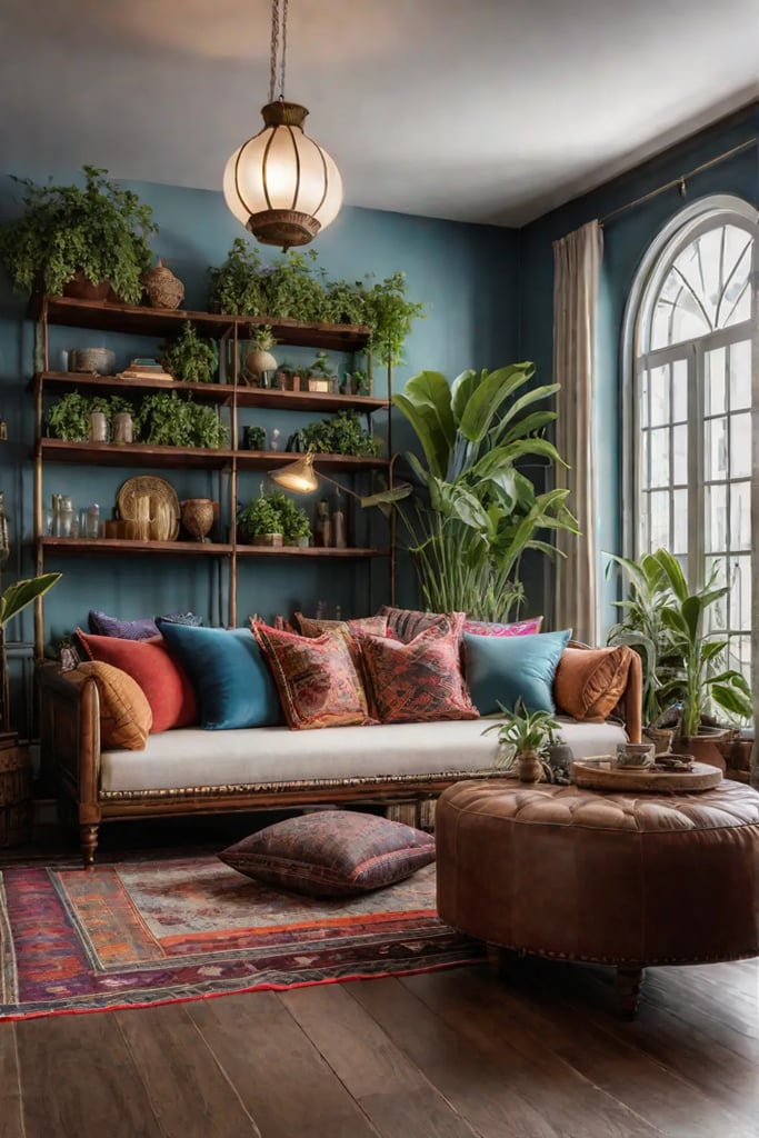 Bohemian seating area with kilim rug