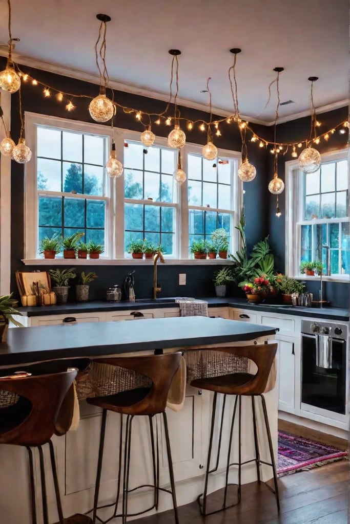 Bohemian kitchen with colorful string lights
