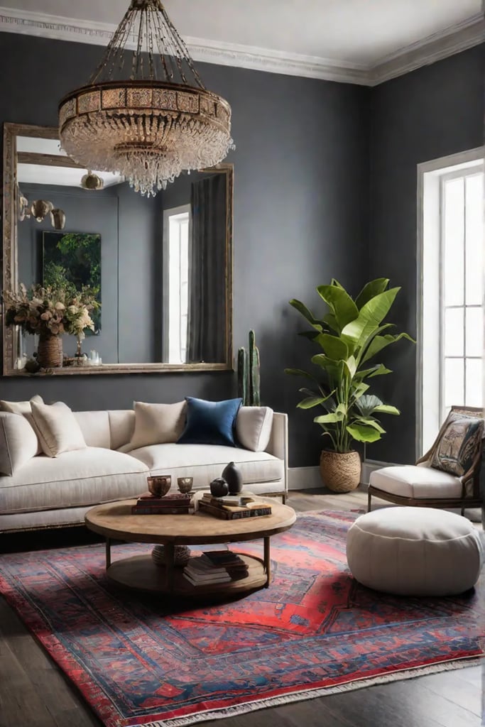 Bohemianchic living room with vibrant colors and eclectic decor