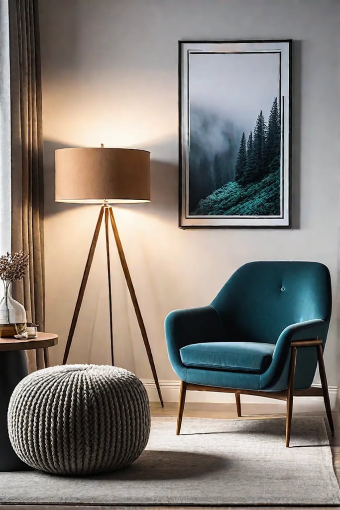 Boucle armchair with corduroy ottoman and chunky knit throw in a modern